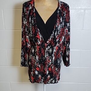CJ Banks Abstract Heart Floral Accordion Pleat Lightweight V-neck Top Layer Look